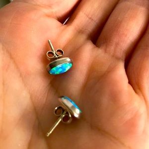 Ladies sterling silver blue opal stud earrings